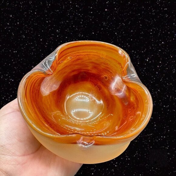 Vintage Czech Bohemian Glass Ashtray 1950s Hand Made Orange Bowl 5”W 2”T - Picture 7 of 16